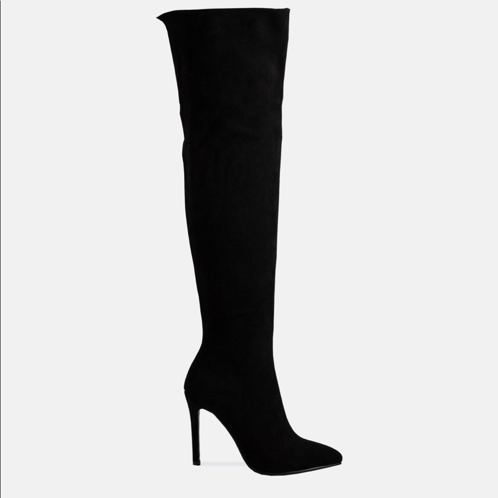 Women’s Pointed Toe Knee High Stiletto Heel Zip Boot in Black Faux Suede